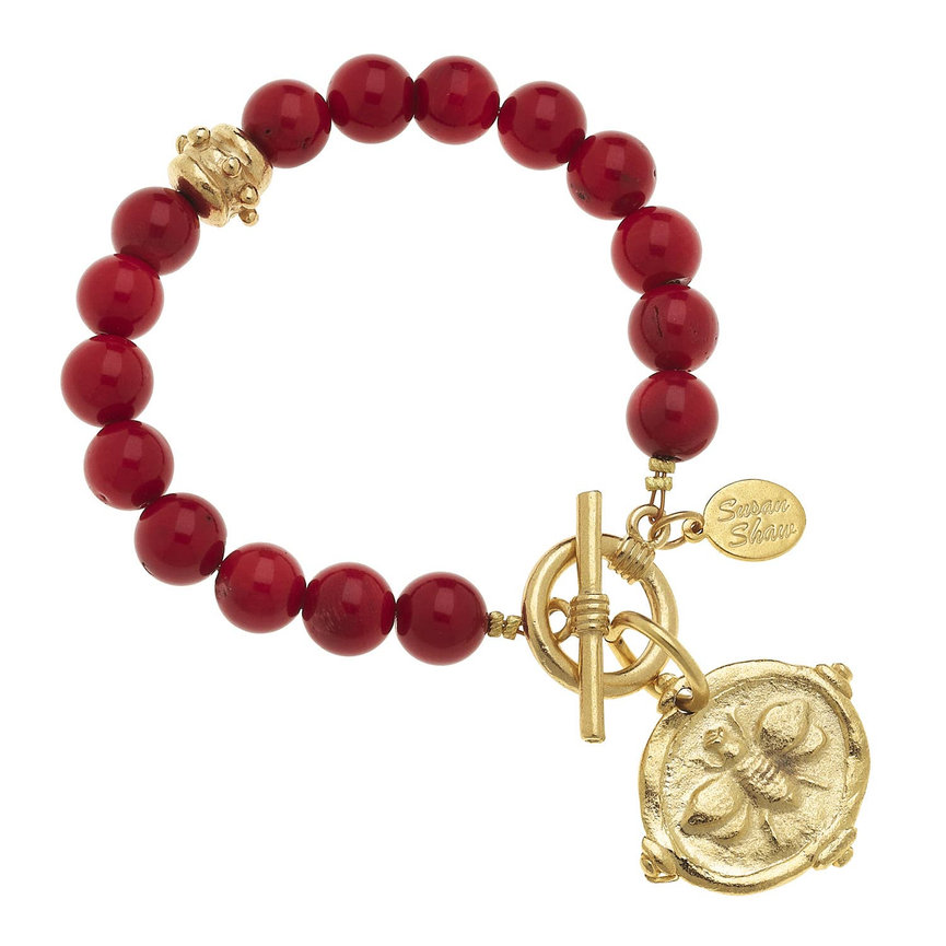 Red Coral with Italian Intaglio Bee Bracelet