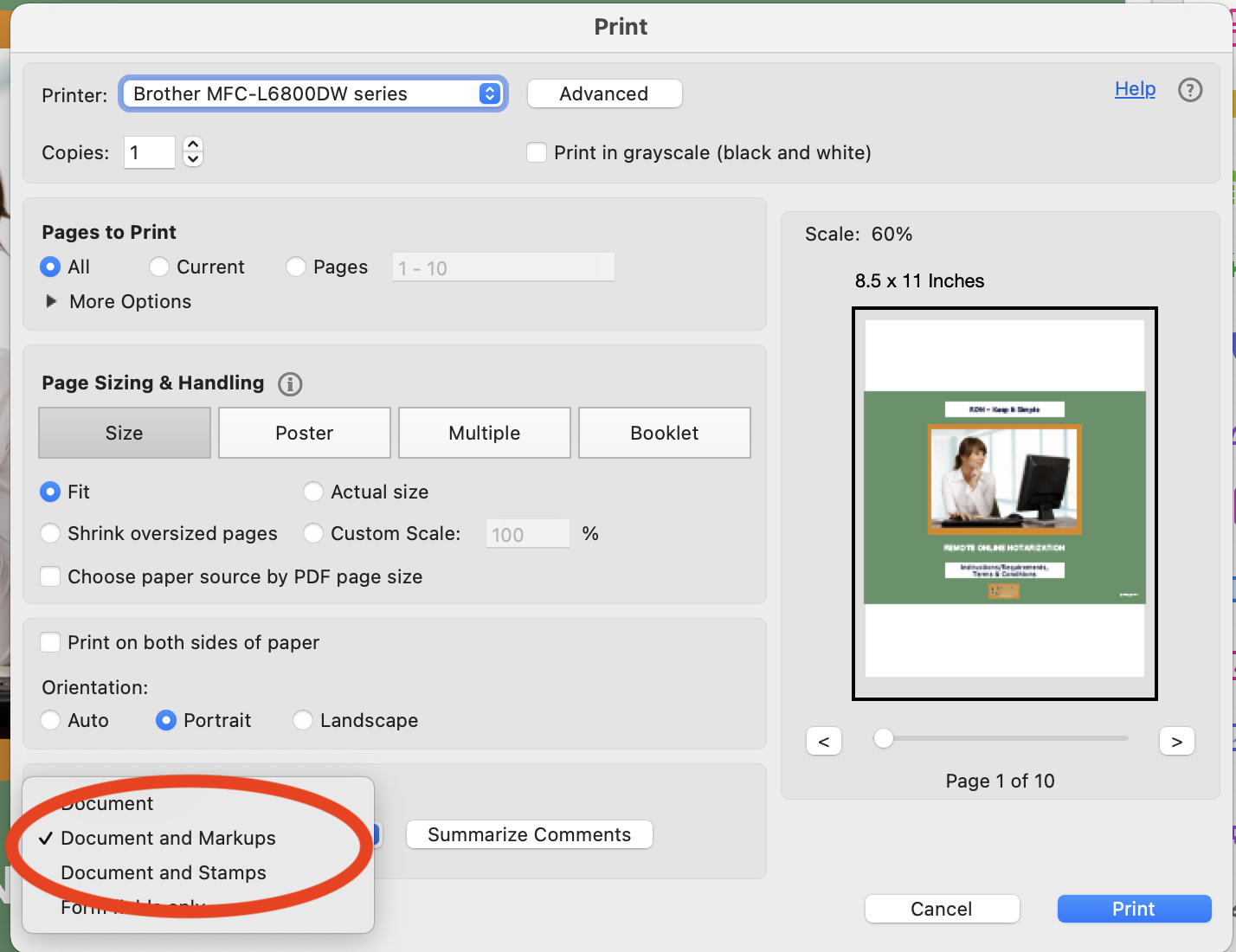 Printer Dialog Box for printing your Remote Online Notarized document using Adobe Acrobat Reader