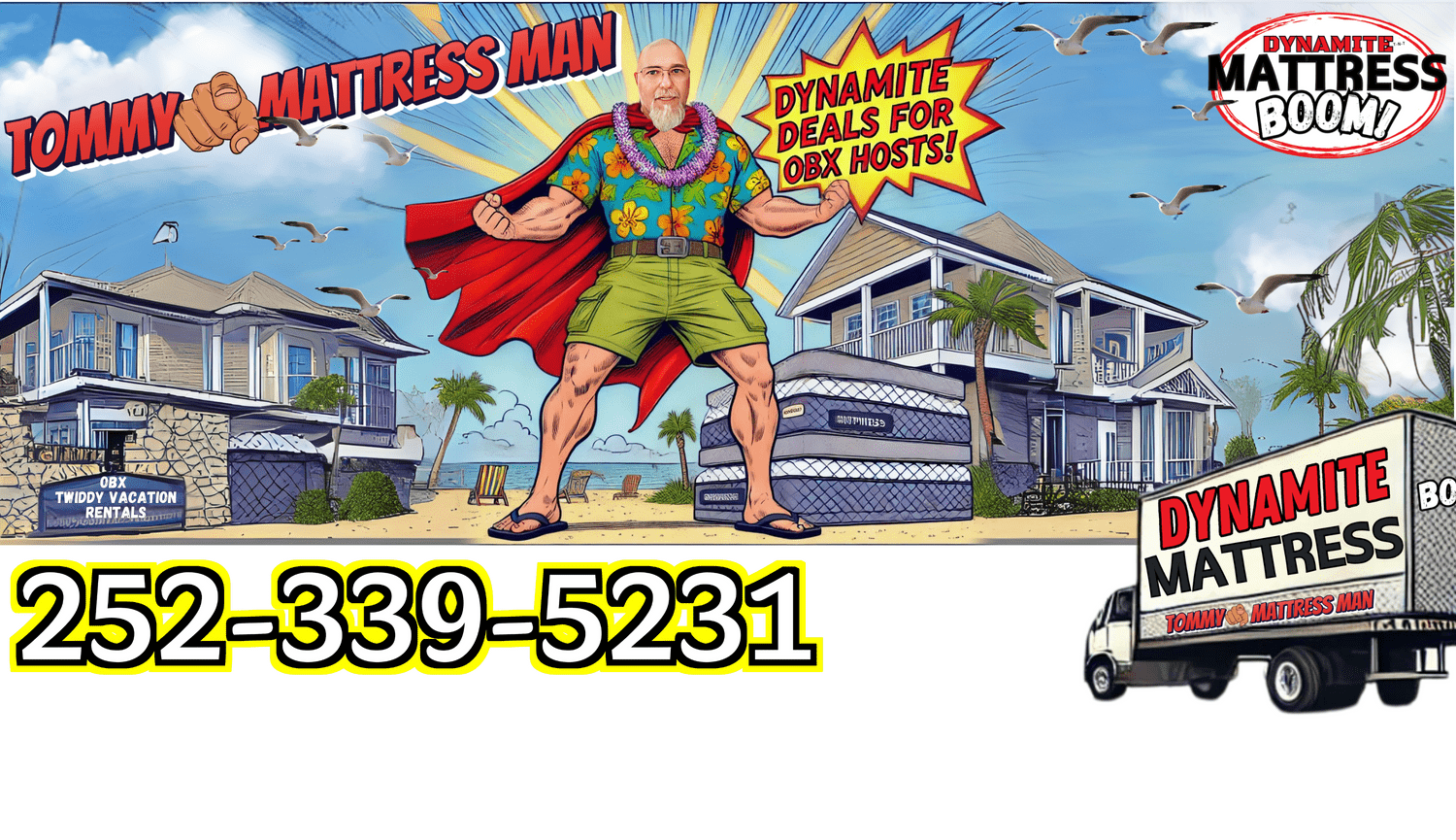 Tommy🫵Mattress Man standing by Airbnb or VRBO on the beach.