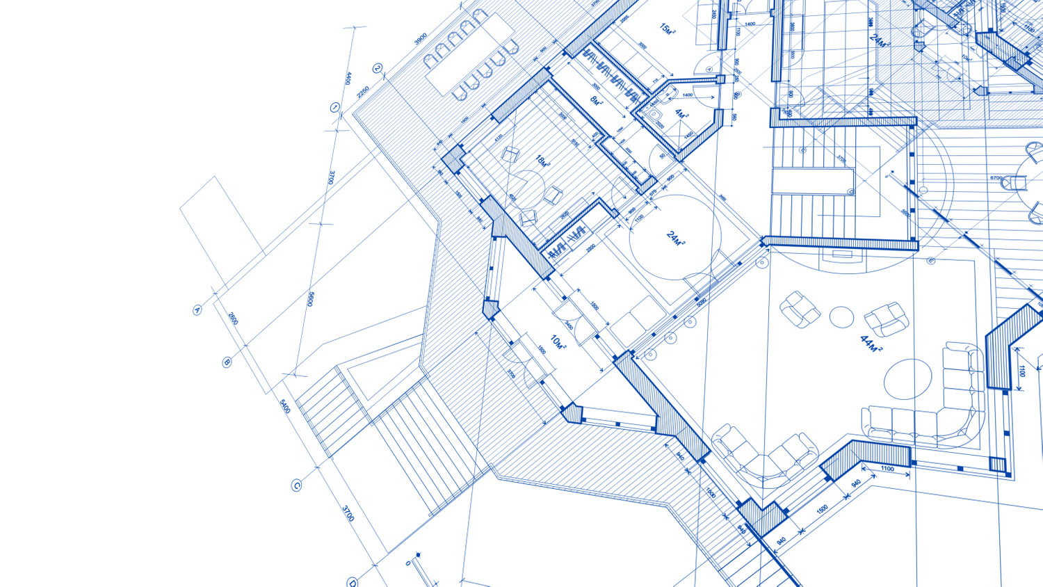 Detailed architectural blueprint of a building, featuring rooms, stairs, and furniture layouts, drawn in blue lines.