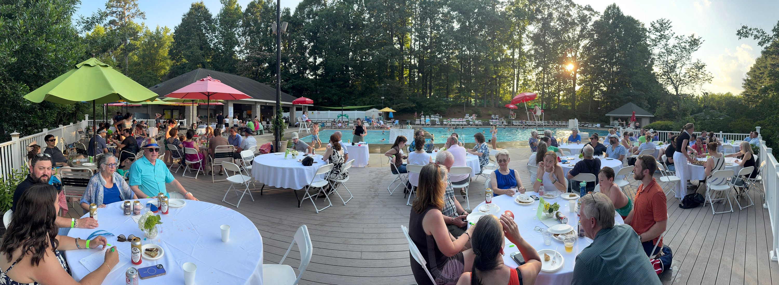 Photo of the Friendly pool deck during the 2025 Swim for Cancer dinner and silent auction.